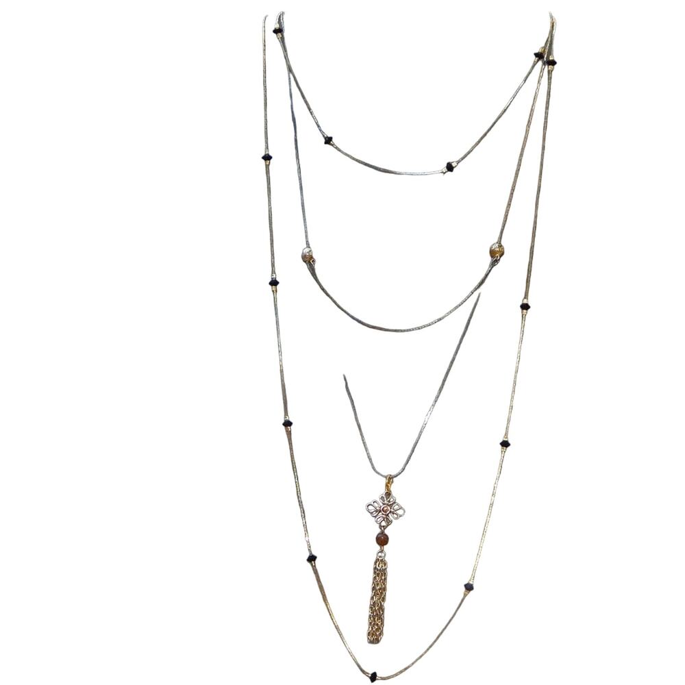 Dazzling Layered Gold/Black/Brown Tassel Duo Necklace